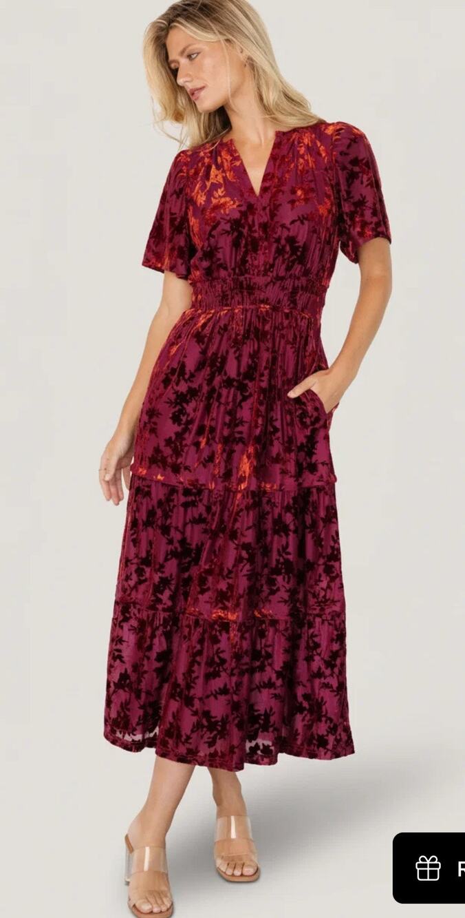 Baltic Born Burnout Velvet Maxi Dress Floral Burgundy tiered XL Wedding boho